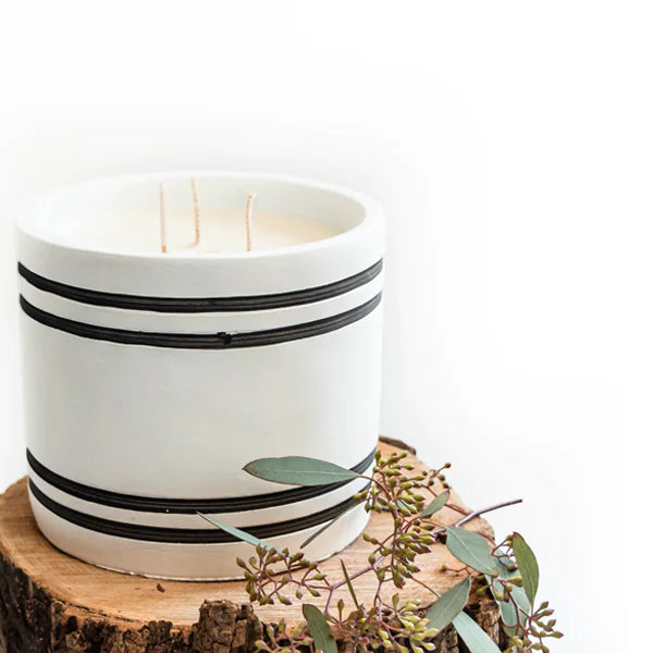 Luxury Large Striped Stone Designer Candle - Belgian Linen